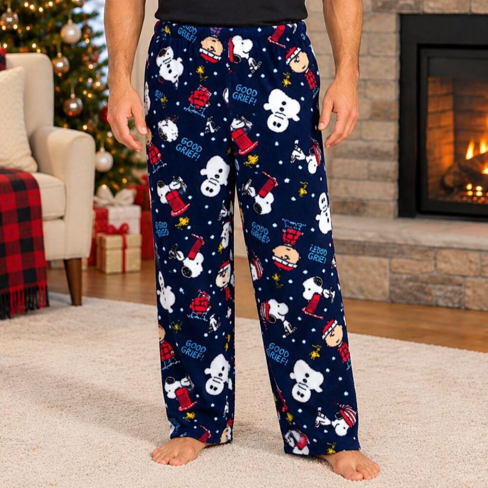 Peanuts Snoopy Men's L Navy Blue Fleece Pajama Pants Good Grief Holiday PJs #13